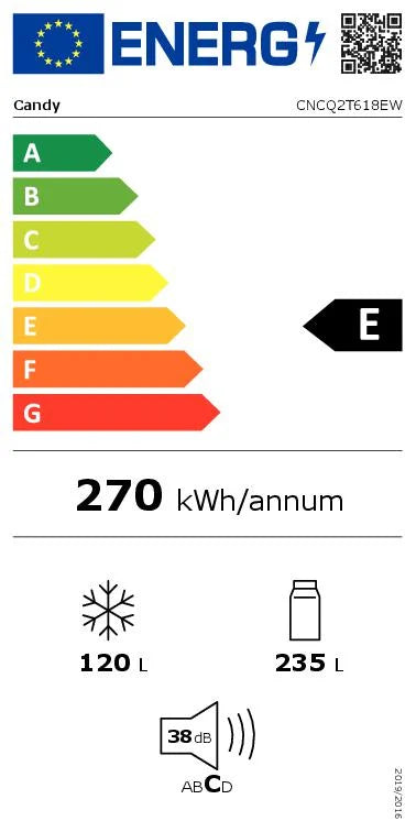 Frigorífico combinado Candy CNCQ2T618EW, No Frost, 185 cm, 355 L, 4 cajones, energéticamente eficiente - Blanco