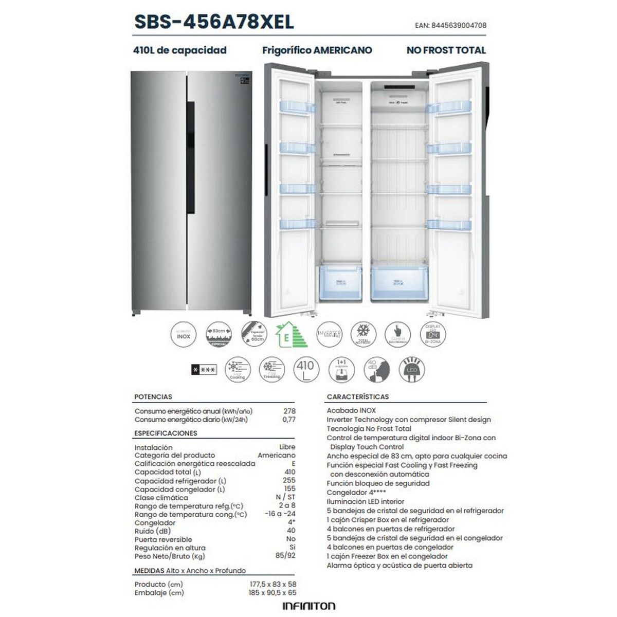 Frigorifico Americano Infiniton Sbs-456a78xel, 410 L, 177 Cm, Ancho De 83 Cm, Total No Frost, E, Inox