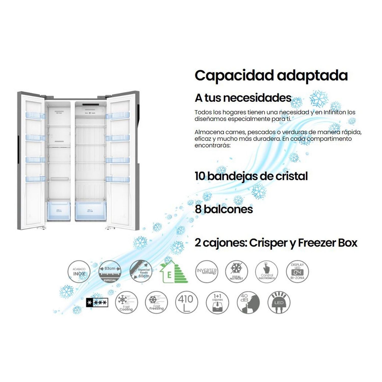 Frigorifico Americano Infiniton Sbs-456a78xel, 410 L, 177 Cm, Ancho De 83 Cm, Total No Frost, E, Inox