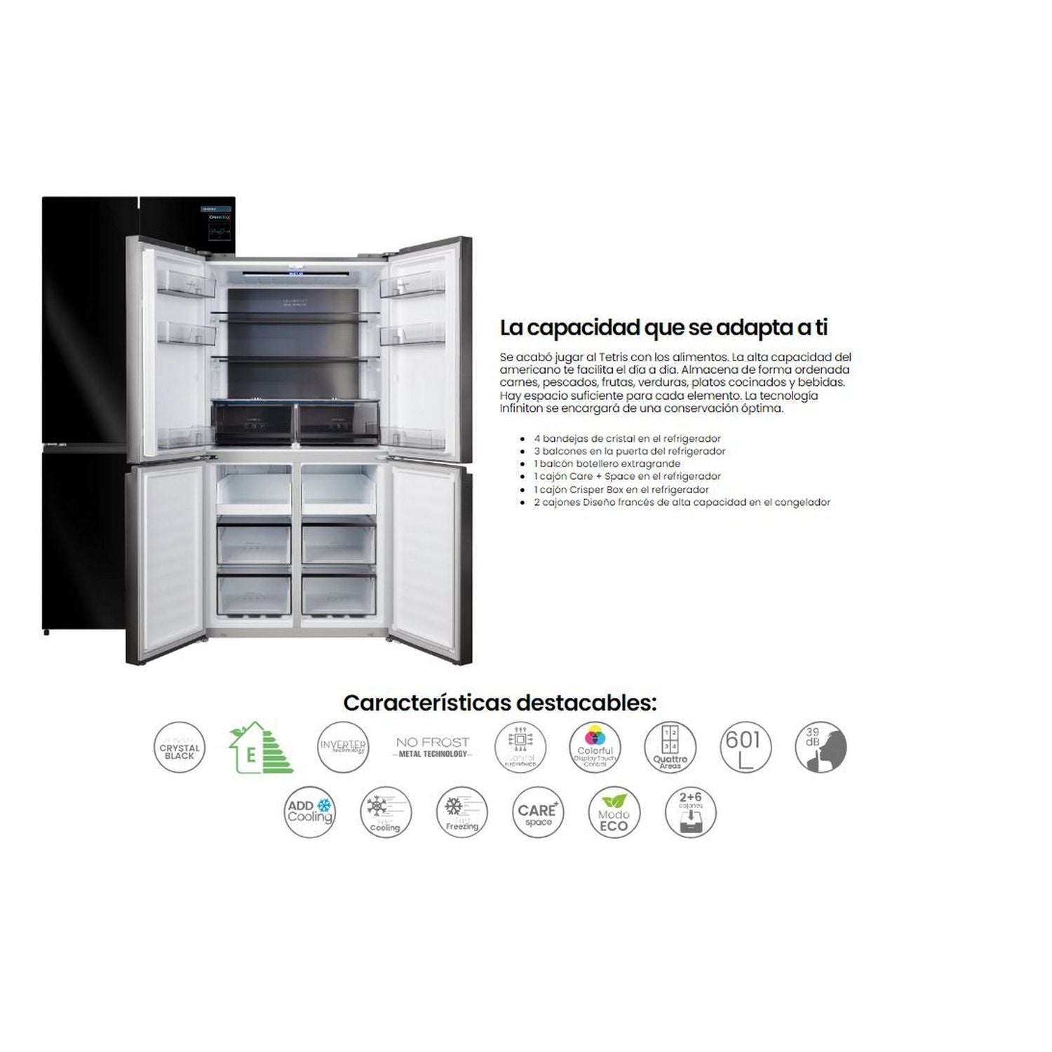 Frigorifico Americano Infiniton Amcb-601cd78neg, 601 L, 177 Cm, No Frost Total, Inverter, E, Crystal Black